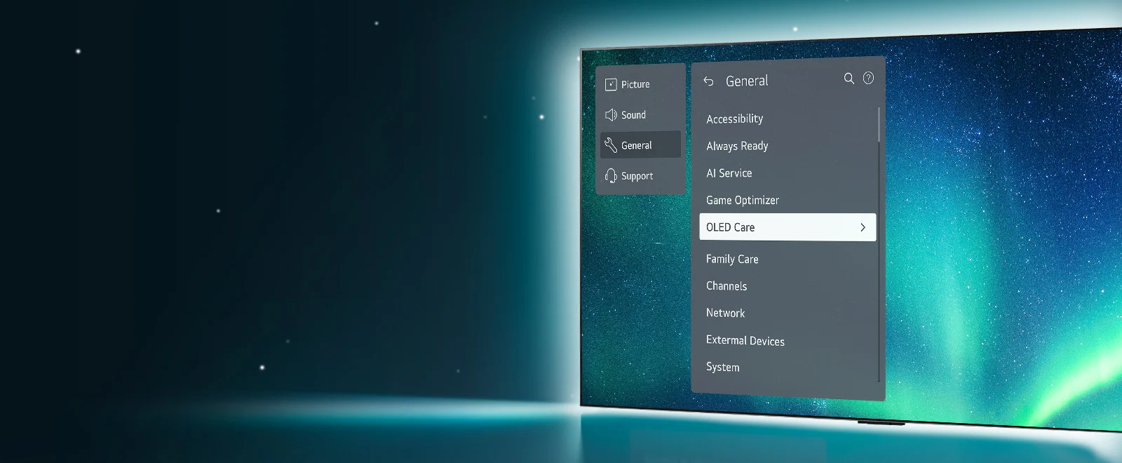 Телевизор OLED стоит в правой части изображения. На экране отображается меню поддержки, и выбран пункт меню OLED Care.