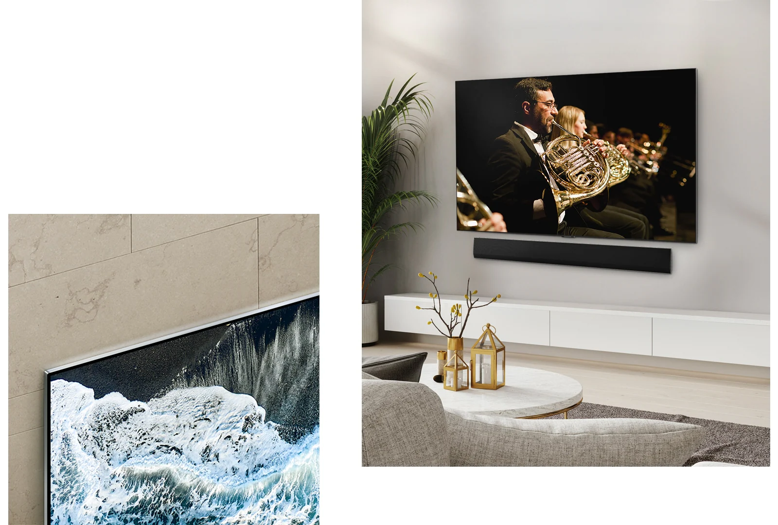 Телевизор LG OLED TV, OLED G4 под углом относительно мраморной стены, демонстрирующий, как он сливается с стеной.   Телевизор LG OLED TV, OLED G4 и звуковая панель LG Soundbar в чистом жилом помещении, установленные плоско на стене, с оркестровым выступлением на экране. 