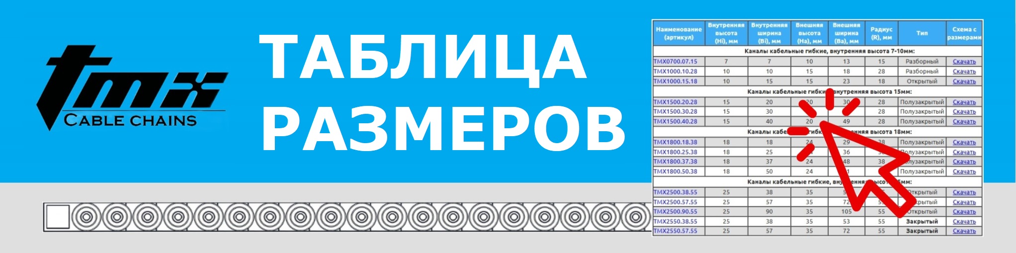 Таблица размеров гибких кабель каналов TMX
