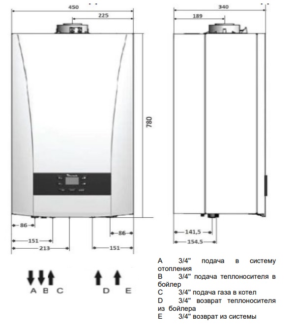Размеры подключения котла 1.31 F