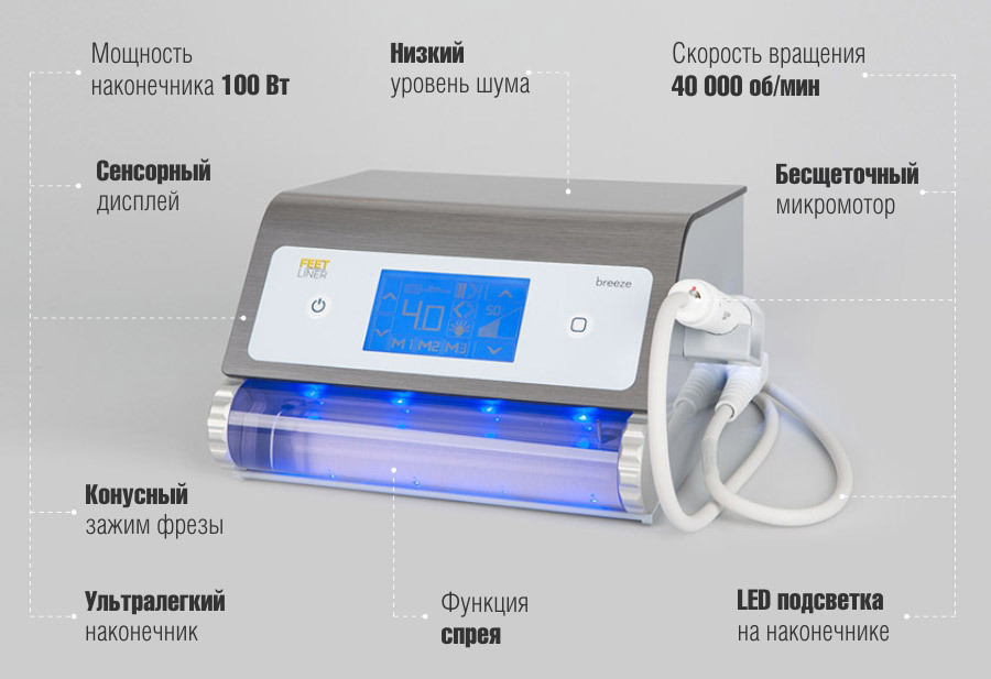 Педикюрный аппарат премиум-класса, предназначенный для проведения профессионального педикюра FeetLiner Breeze со спреем и подсветкой.