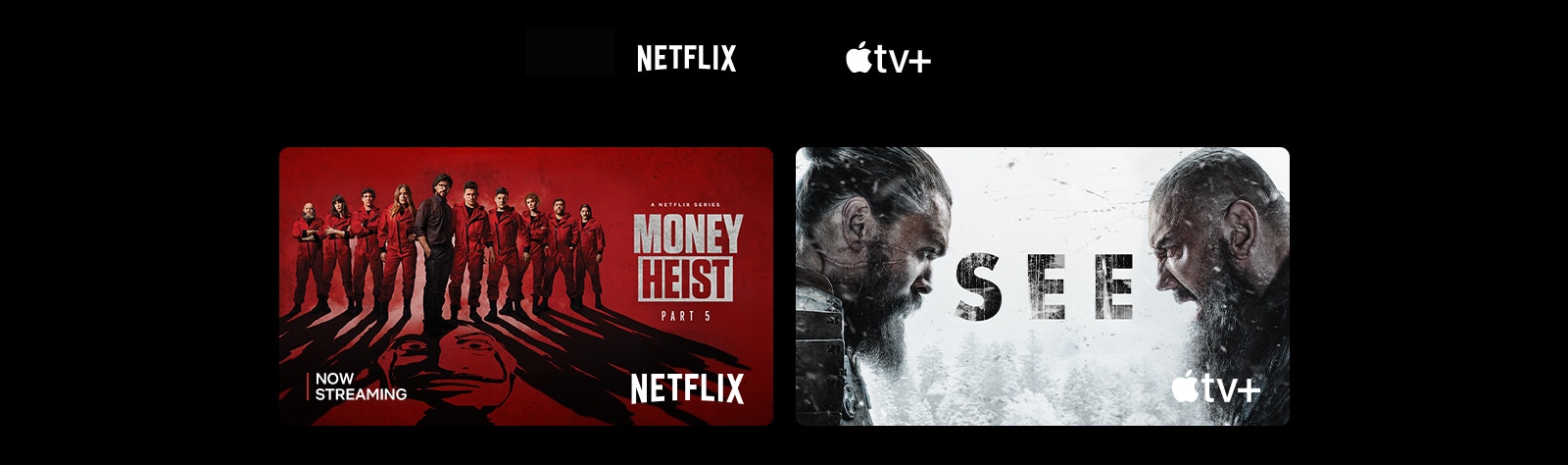 A poster of Money Heist from Netflix, The Wheel of Time from Prime Video, and See from Apple TV Plus.