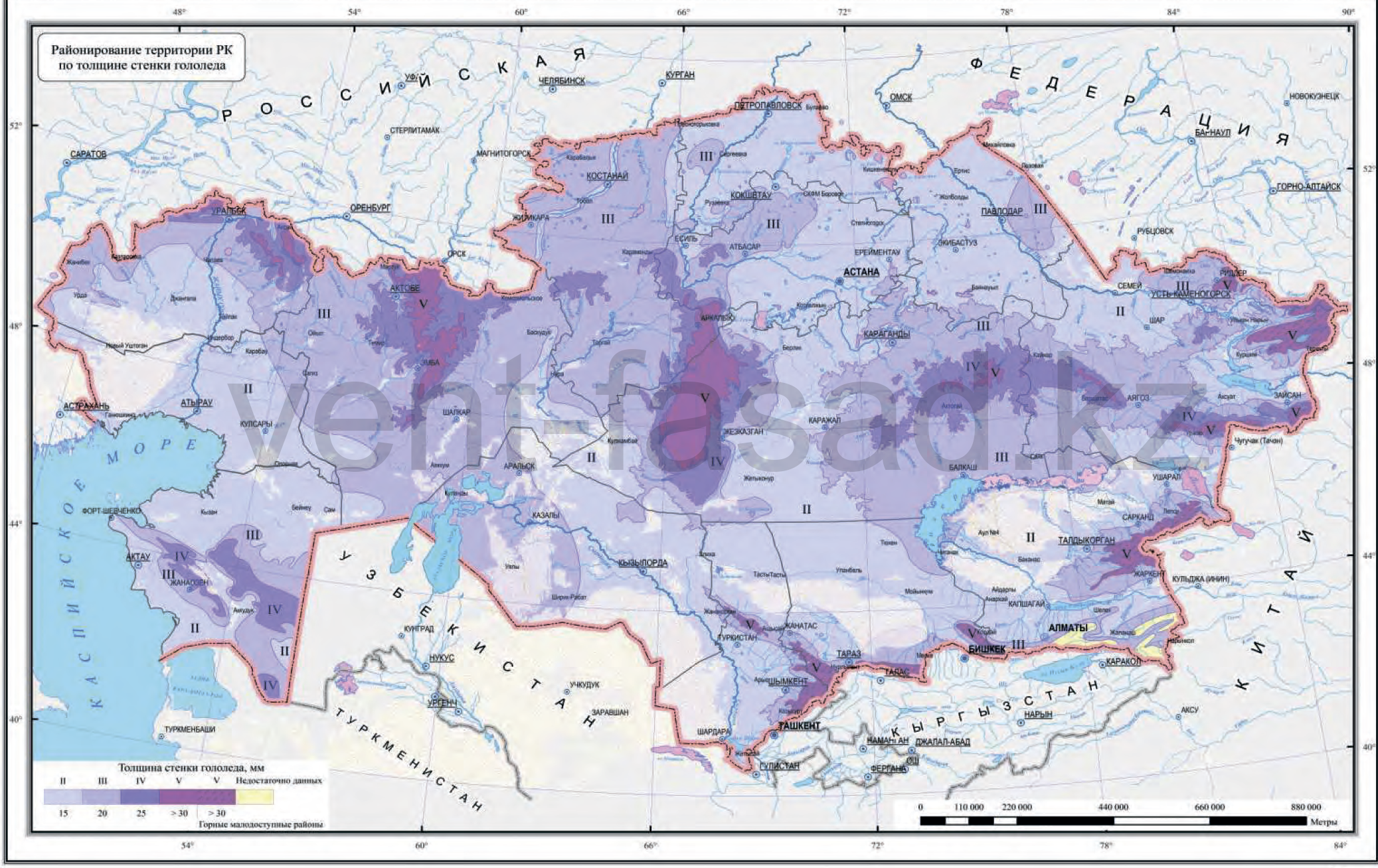 Гололедные районы Казахстана. Районирование территории Казахстана по толщине стенки гололеда с обеспеченностью 4 % (вероятностью превышения 1 раз в 25 лет),